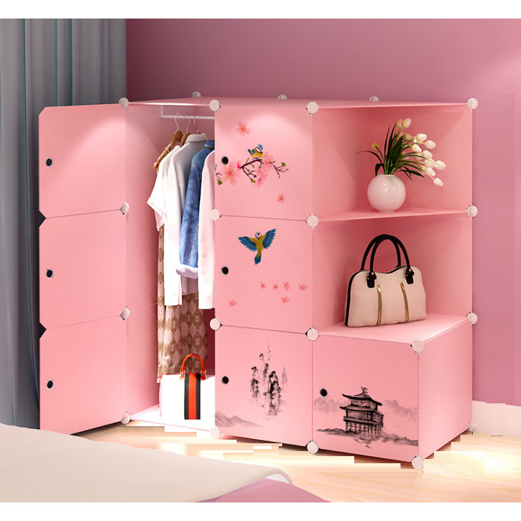 Tủ nhựa lắp ghép 9 ô màu hồng, decal hoa anh đào, 1 treo, 2 xéo