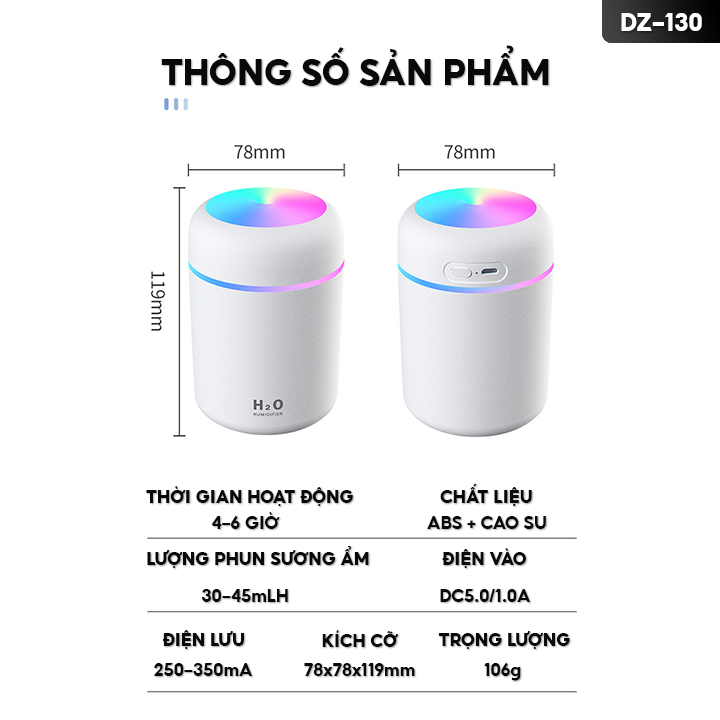 Máy Phun Sương Tạo Ẩm Xông Tinh Dầu Để Bàn Mini Có Đèn Led 7 Màu Dung Tích Chứa 300ml DZ-130