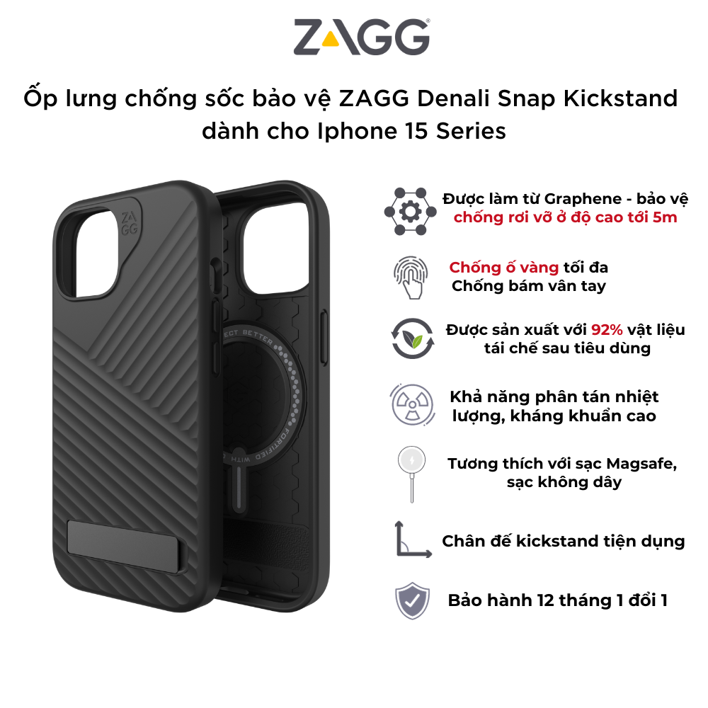 Ốp lưng bảo vệ ZAGG Denali Snap Kickstand cho iPhone 15 Series - chống sốc tới 5m - bảo hành 1 năm - Hàng chính hãng