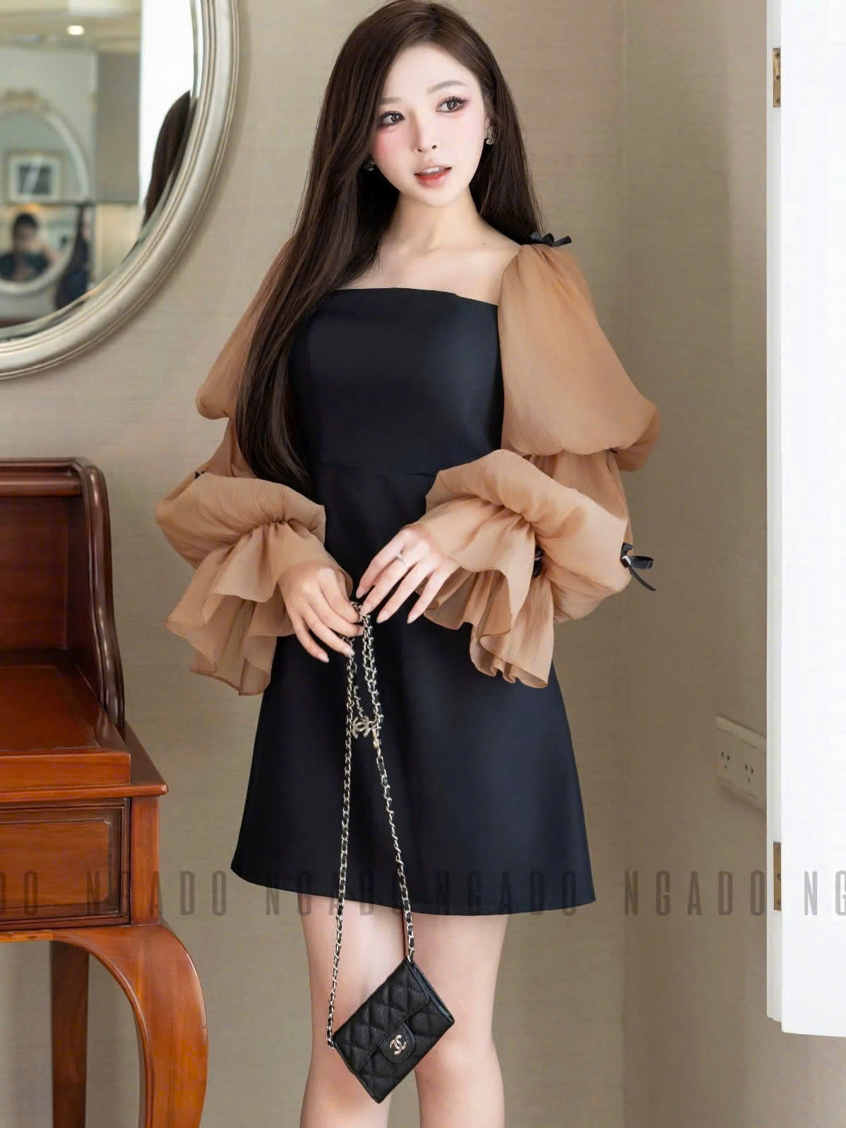 Đầm đen tay voan phồng NGADO , đầm dự tiệc , đầm dạo phố