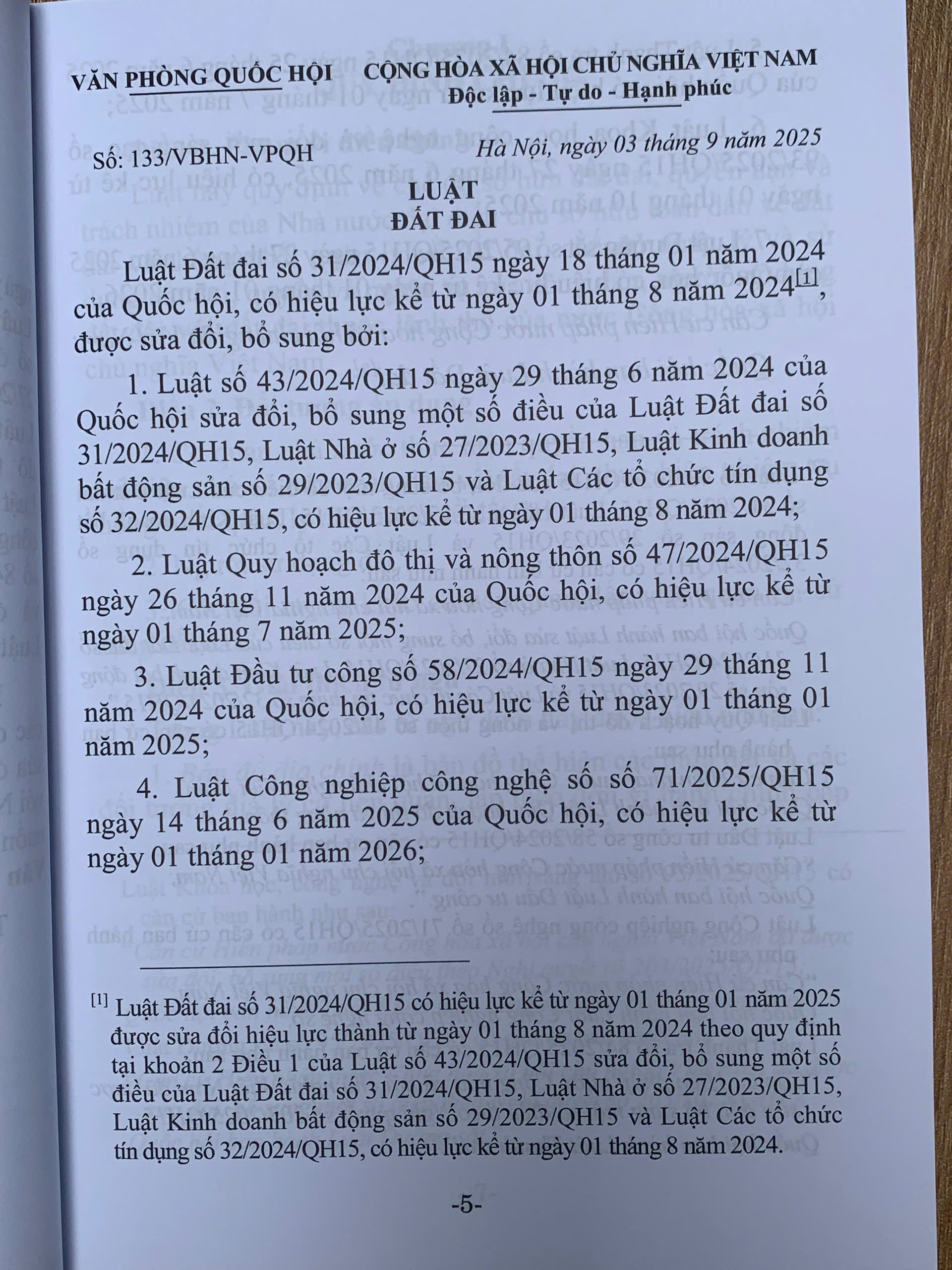 Sách - Luật Đất đai (Hiện hành)  (Được Quốc hội thông qua ngày 18-01-2024, có hiệu lực từ ngày 01-01-2025)