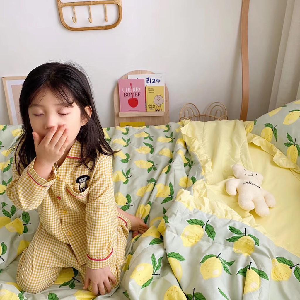 Bộ chăn đũi hè vỏ ga và 2 vỏ gối M2T bedding chăn lót bông thiết kế phối bèo họa tiết quả chanh đào