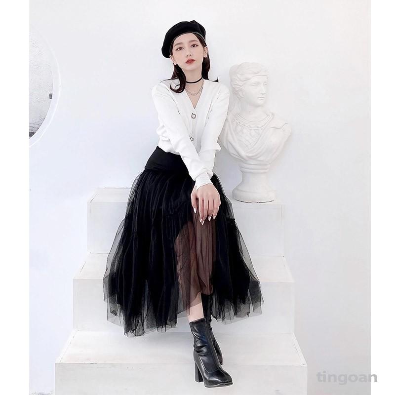 Chân váy dài 3 tầng phối lưới đen tingoan DAYDREAMING SWEETIE SKIRT/BL