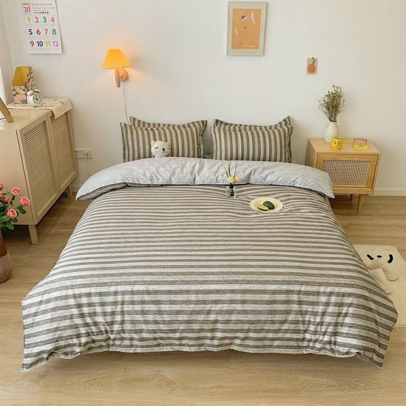 Bộ chăn ga gối Cotton poly M2T Bedding Xám sọc, vỏ chăn mền, drap nệm và 2 vỏ gối