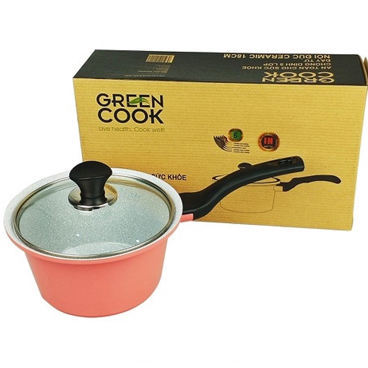 Nồi Đúc Chống Dính Green-Cook Ceramic 5 Lớp Vân Đá Đáy Từ Dùng Trên Mọi Loại Bếp-Hàng Chính Hãng