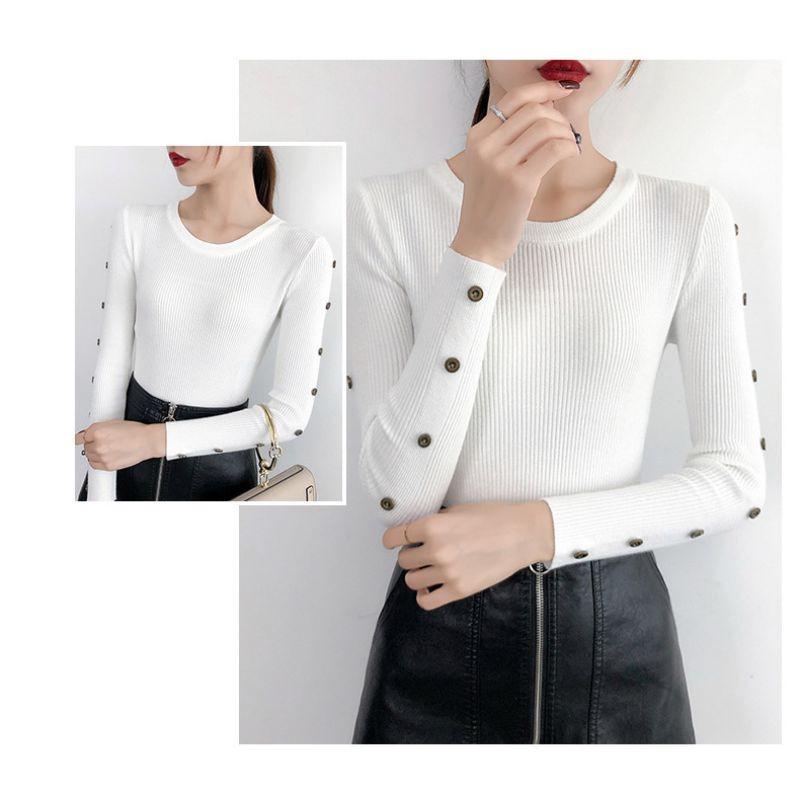 Áo dệt kim tay dài phối nút màu trơn thiết kế thanh lịch