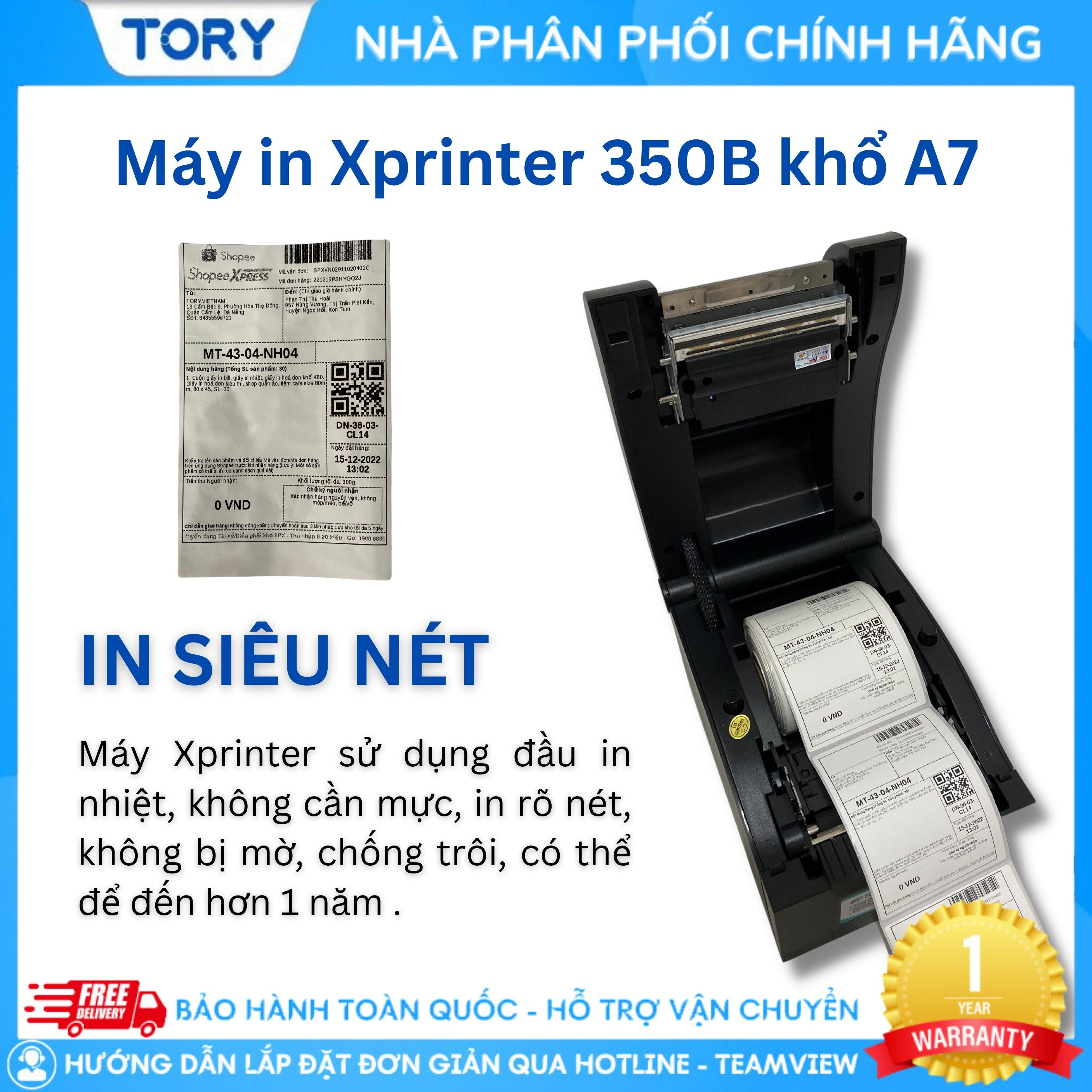 Máy in tem nhãn, mã vạch Xprinter XP-350B cổng USB. Máy in đơn hàng, in tem, in vận đơn TMĐT khổ A7