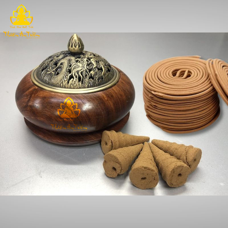 Lư Gỗ Xông Đốt Trầm Hương – Lư Gỗ Hương Xông Đốt Nhang Khoanh Trầm Hương, Nhang Nụ Trầm Hương - Lư Gỗ Hương Xông Đốt Trầm Hương Nắp Kim Loại Khắc Hoa Văn