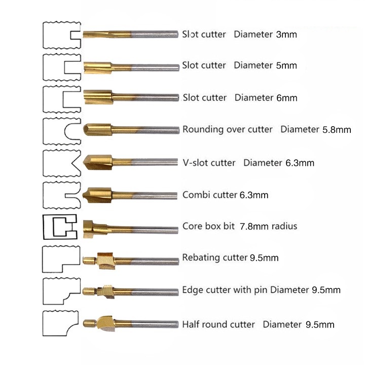Bộ 10 mũi hợp kim phay gỗ cán 3mm phủ titanniun hay mũi mài phay khoét gỗ