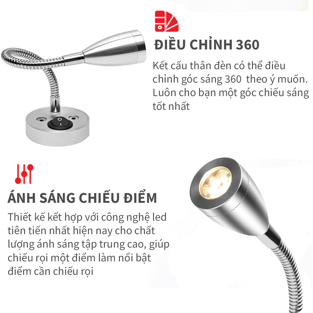 Đèn đọc sách đầu giường Led 3W, Loại gắn tường Kim loại, Nguồn 12V