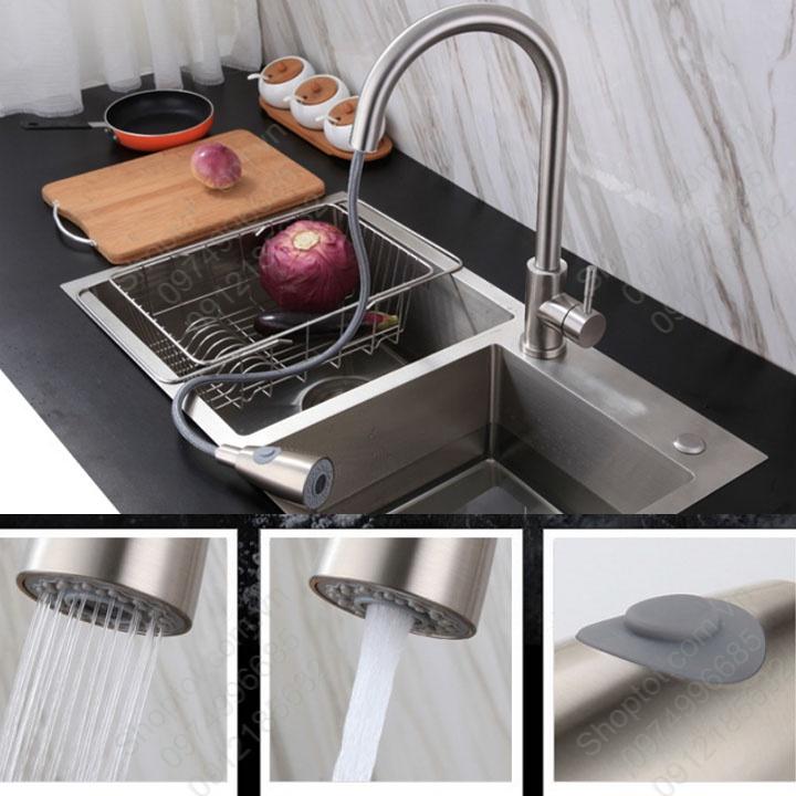 Vòi chậu bếp nóng lạnh có thể kéo dài, bằng inox 304 dày, đầu vòi 2 chế độ