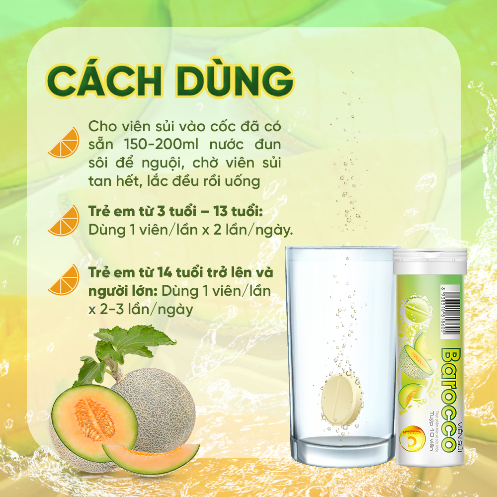 Viên Sủi Bổ Sung Vitamin C Hương Dưa Lưới Tăng Cường Sức Đề Kháng Barocco Dan Khang Hộp 10 Viên