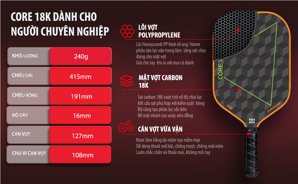 VỢT PICKLEBALL CORE 18K - MẶT VỢT SỢI 18K ĐAN LƯỚI TRUYỀN LỰC TAY DÀNH CHO NGƯỜI CHUYÊN NGHIỆP