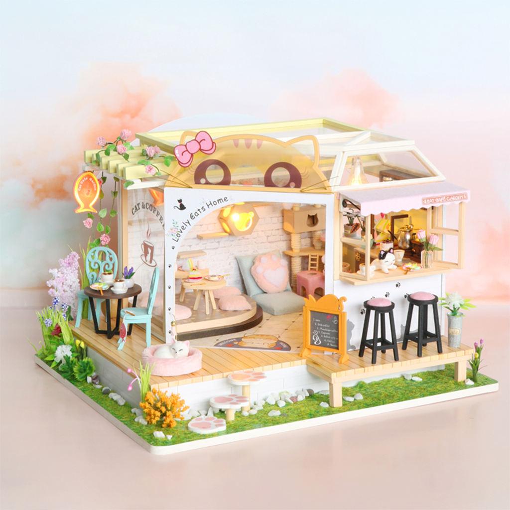 DIY Creative Dollhouse Cat Coffee Shop Kit LED Light Wooden 3D Puzzles