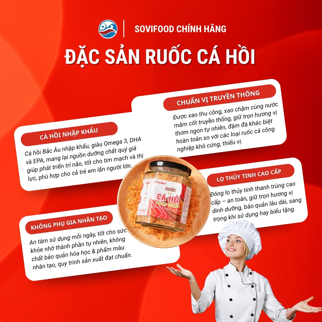 Ruốc Cá Hồi Sovifood - Không Chất Bảo Quản Hóa Học, Giàu Omega 3, DHA, Mềm Tơi Cho Bé - Lọ 110G