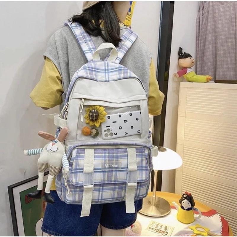 Balo Uzllang Đi Học Kẻ Caro Có Ngăn Ngoài Trong Suốt