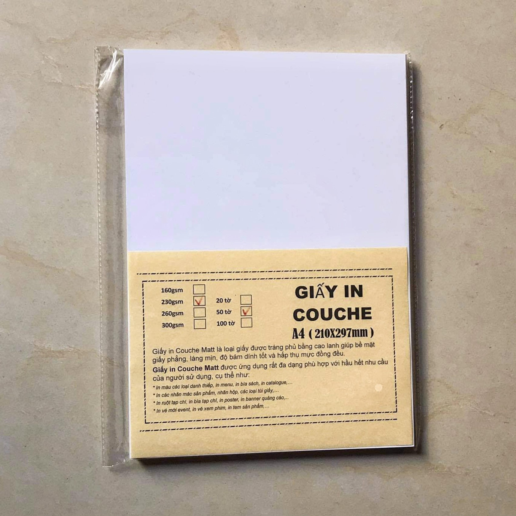 Giấy in Couche A4 230gsm 50 tờ/ xấp