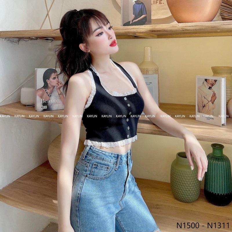 Áo len nữ dệt kim cổ yếm hở lưng croptop viền ren hàng khuy