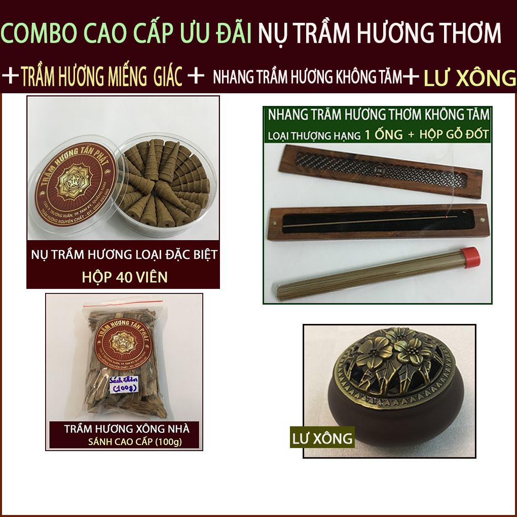 Trầm Hương Thơm Cao Cấp ( ComBo Nụ, Nhang không tăm, Miếng Trầm Hương + Lư Xông