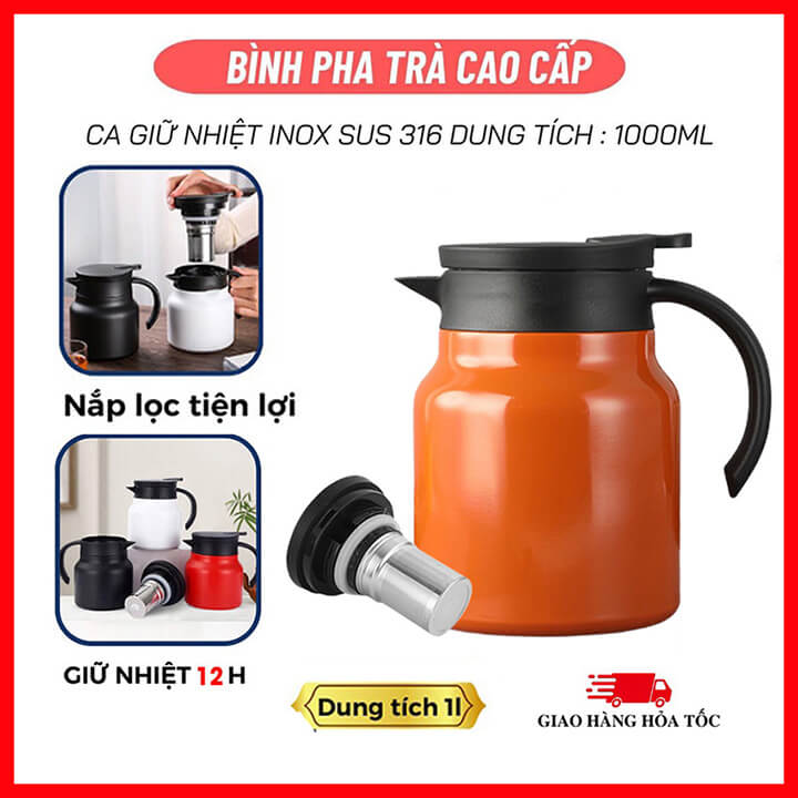 Ấm Pha Trà Giữ Nhiệt Có Lọc Inox 316 Dung Tích 1000ml Hàng Cao Cấp, Bình Giữ Nhiệt Nước Nóng, Lạnh Có Lọc Tiện Dụng