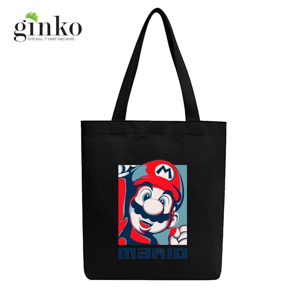 Túi Tote Vải Canvas Ginko kiểu basic có dây kéo khóa miệng túi đựng vừa laptop 14 inch và nhiều đồ dùng khác Phong Cách ulzzang Hàn Quốc In Hình Mario B16
