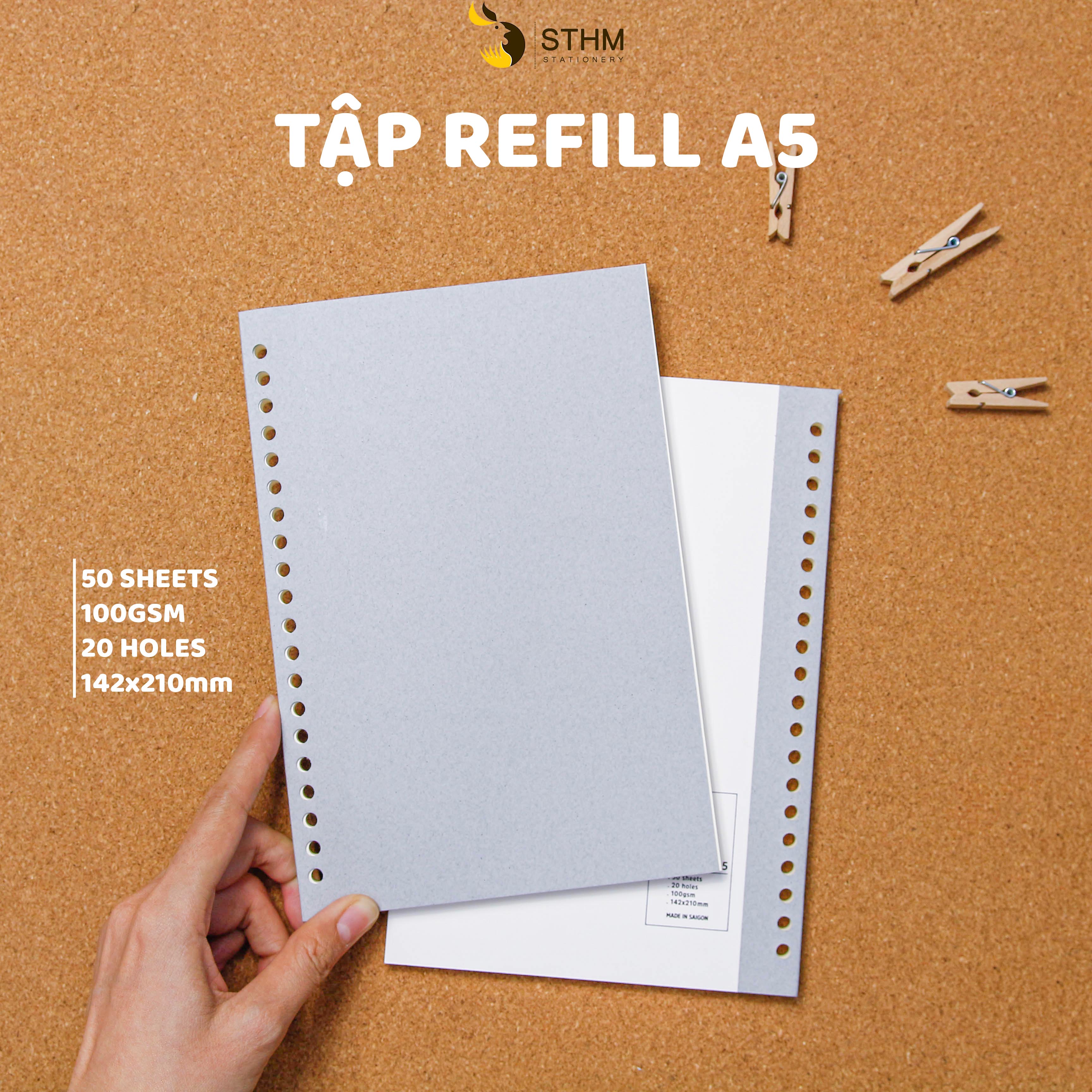 [STHM stationery] - Tập refill A5 20 lỗ - Gáy dán keo xé được như notepad - 50 tờ kem 100gsm