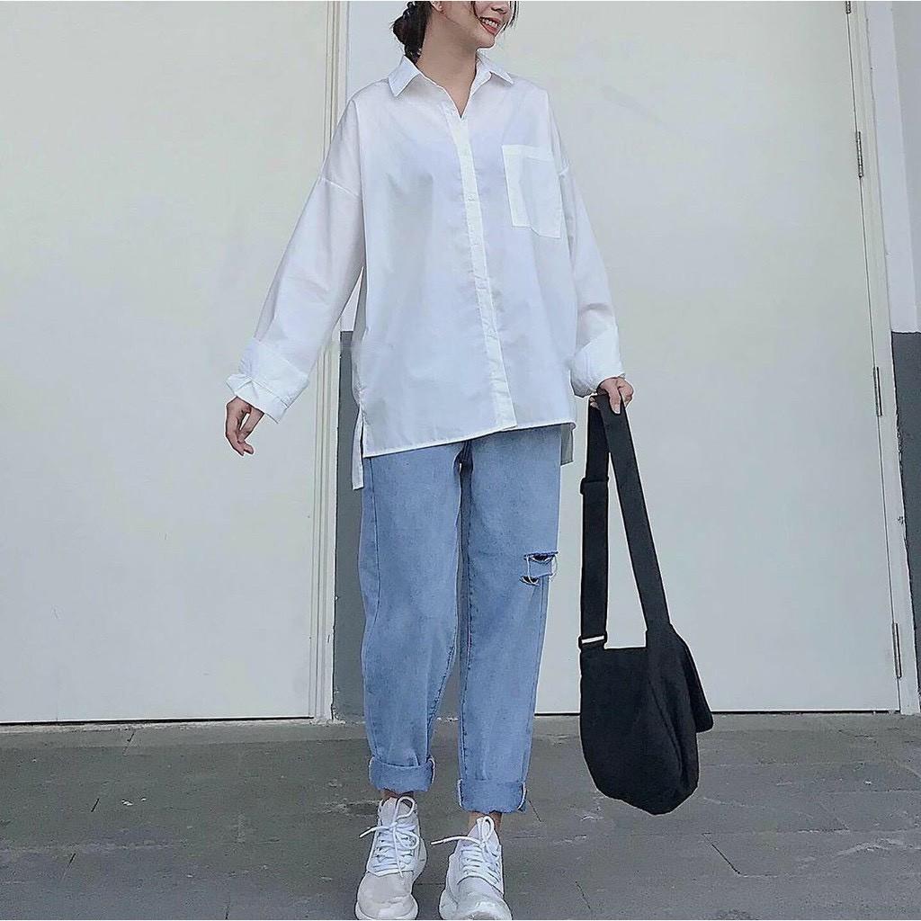 Quần jean baggy quần bò cạp cao chất cotton không co dãn màu xanh rách gối