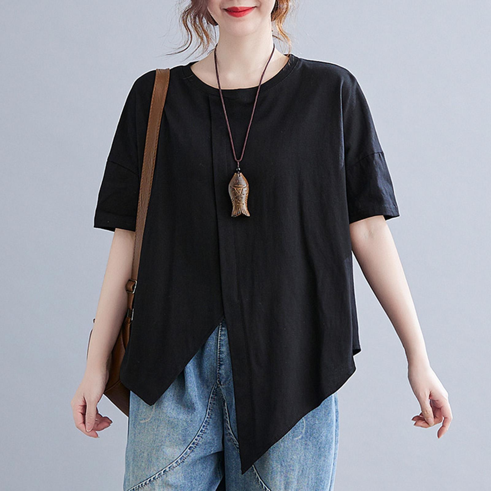 Fashion Women Solid Color T-shirt O Neck Short Sleeve Splicing Irregular Hem Loose Casual Shirt Top