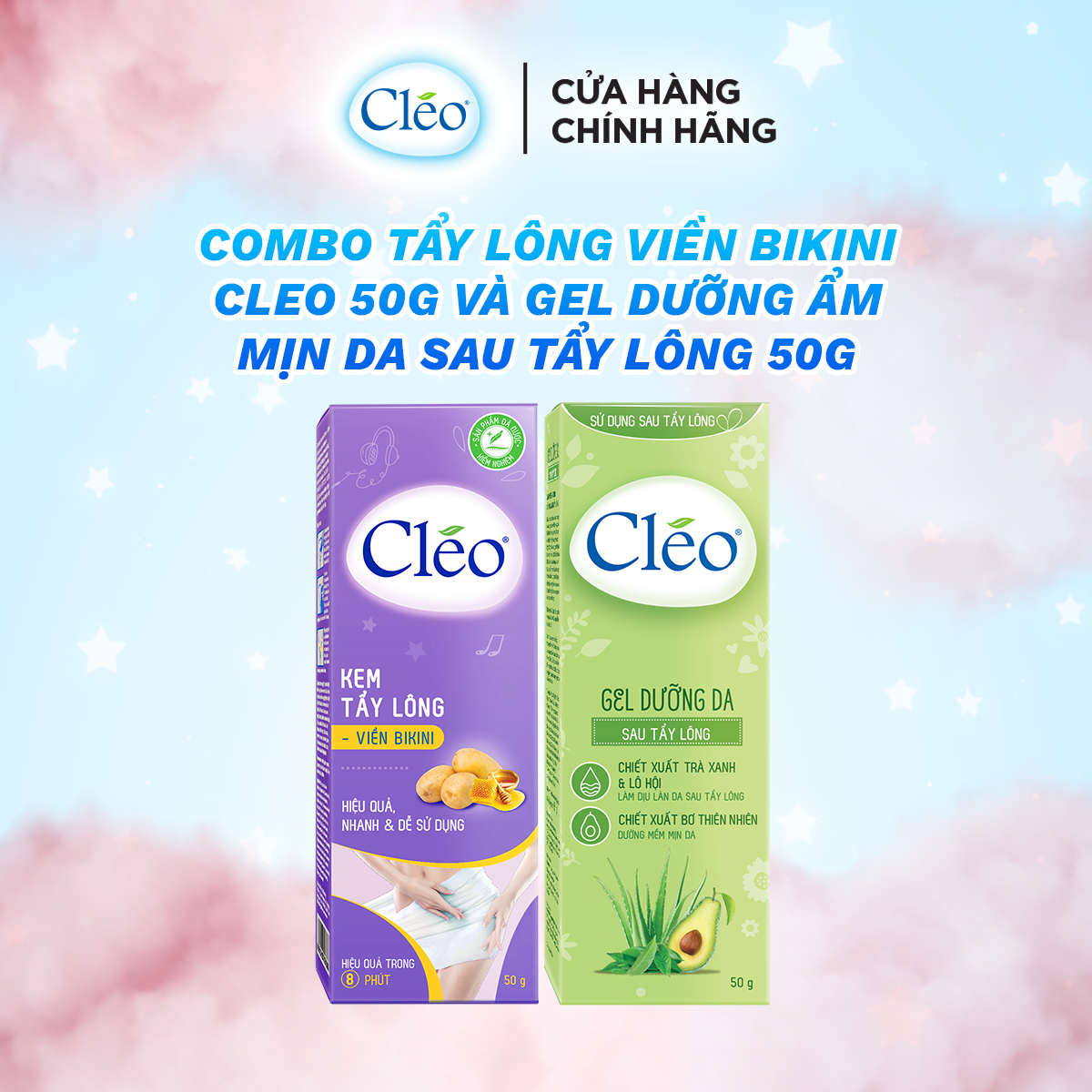 Combo tẩy lông Bikini Cléo 50g, an toàn không đau, hiệu quả trong 8 phút và gel dưỡng ẩm mịn da Cléo 50g