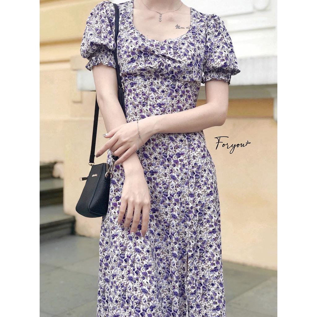 Váy hoa dài tím FORYOU đầm hoa nhí dài nhún ngực chân váy xẻ tà - Tina Dress