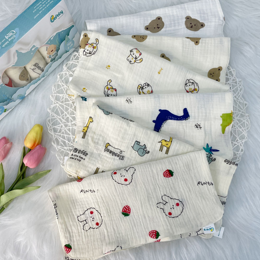 Khăn Sữa Xô Muslin Cho Bé 2 Lớp 4 Lớp Siêu Thấm Hút Họa Tiết Cute An Toàn Da Bé - 330