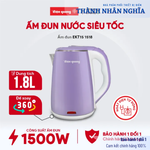 Ấm siêu tốc Điện Quang ĐQ EKT15 1518 đế xoay 360 độ, tự động ngắt điện hàng chính hãng