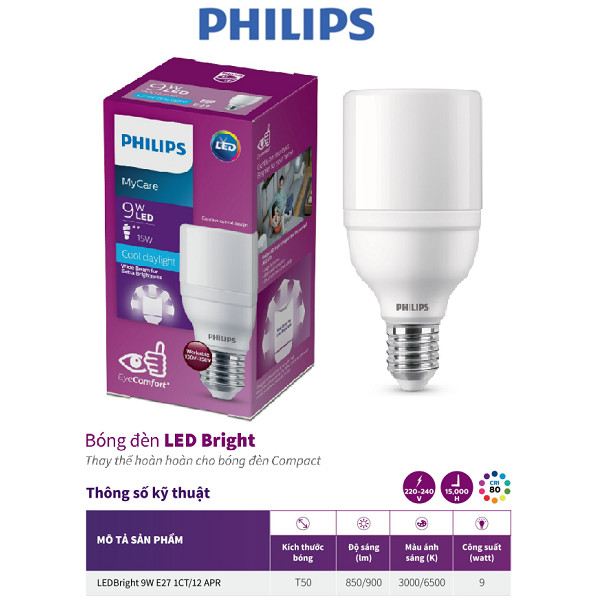 Bóng đèn PHILIPS LED Bright E27-Công suất ánh sáng vàng, ánh sáng trắng
