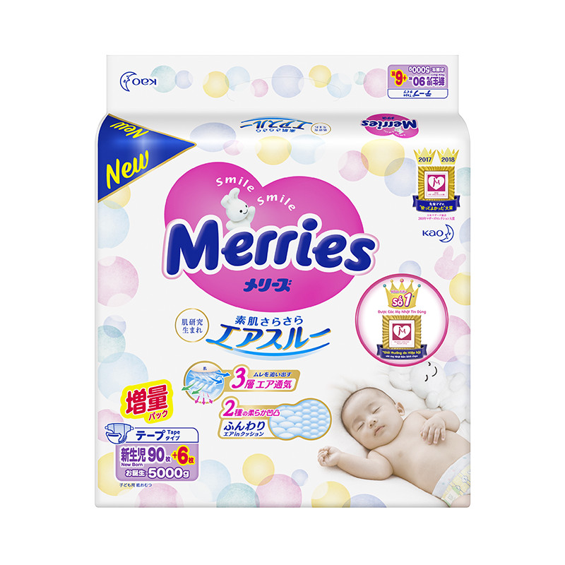 Bỉm dán Merries Newborn 90 +6 miếng