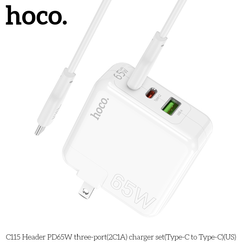 Bộ sạc nhanh 65W chân sạc Typec cao cấp cho điện thoại tiện lợi với 2 cổng type-C, 1 cổng USB an toàn chống cháy nổ - Hàng nhập khẩu