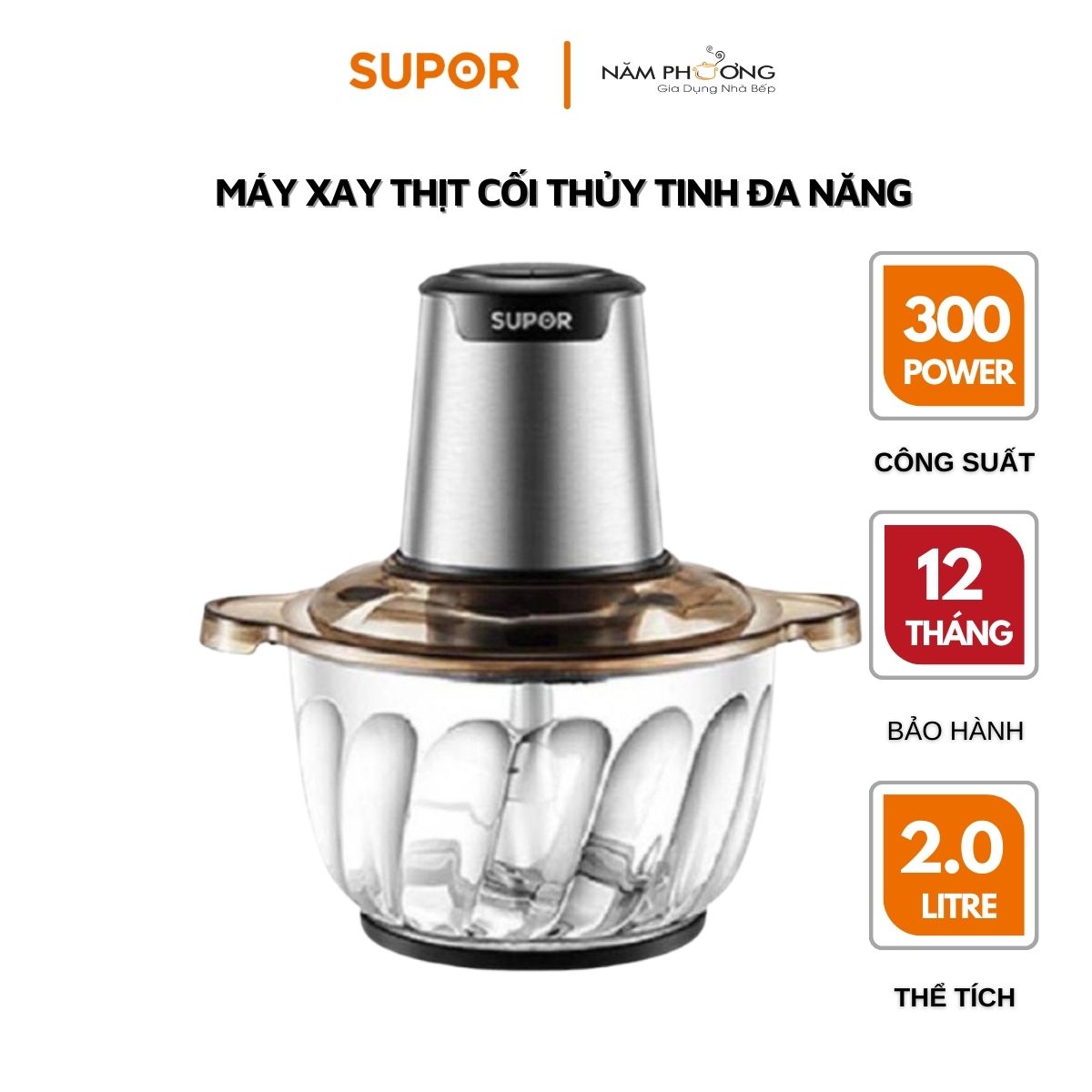 Máy xay thịt đa năng hai tốc độ cối thủy tinh dao inox lập thể Supor JRD01-300 - HÀNG CHÍNH HÃNG