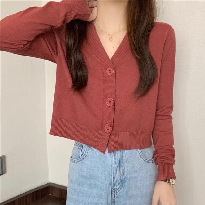 Áo khoác cardigan len mỏng nữ mềm mịn tay dài cổ V dáng ngắn phong cách Hàn Quốc 2021 New Arival