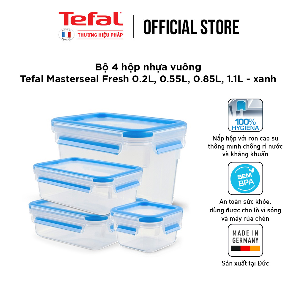 Bộ 4 hộp bảo quản thực phẩm nhựa BBA free, Tefal Masterseal Fresh, sản xuất tại Đức (200ml, 550ml, 850ml, 1100ml) - Hàng chính hãng