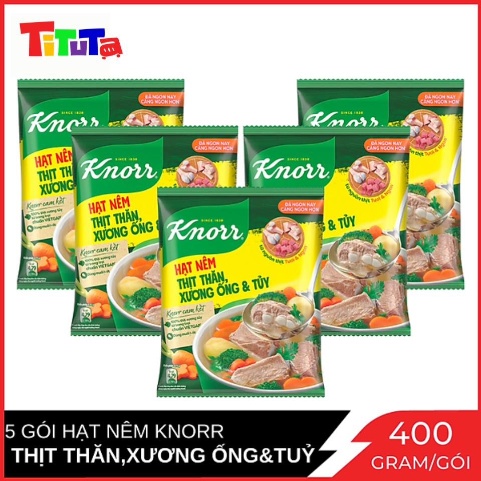 Combo 5 Gói Hạt Nêm Knorr Từ Thịt Thăn, Xương Ống Và Tủy Bổ Sung Vitamin A 400 Gram / Gói