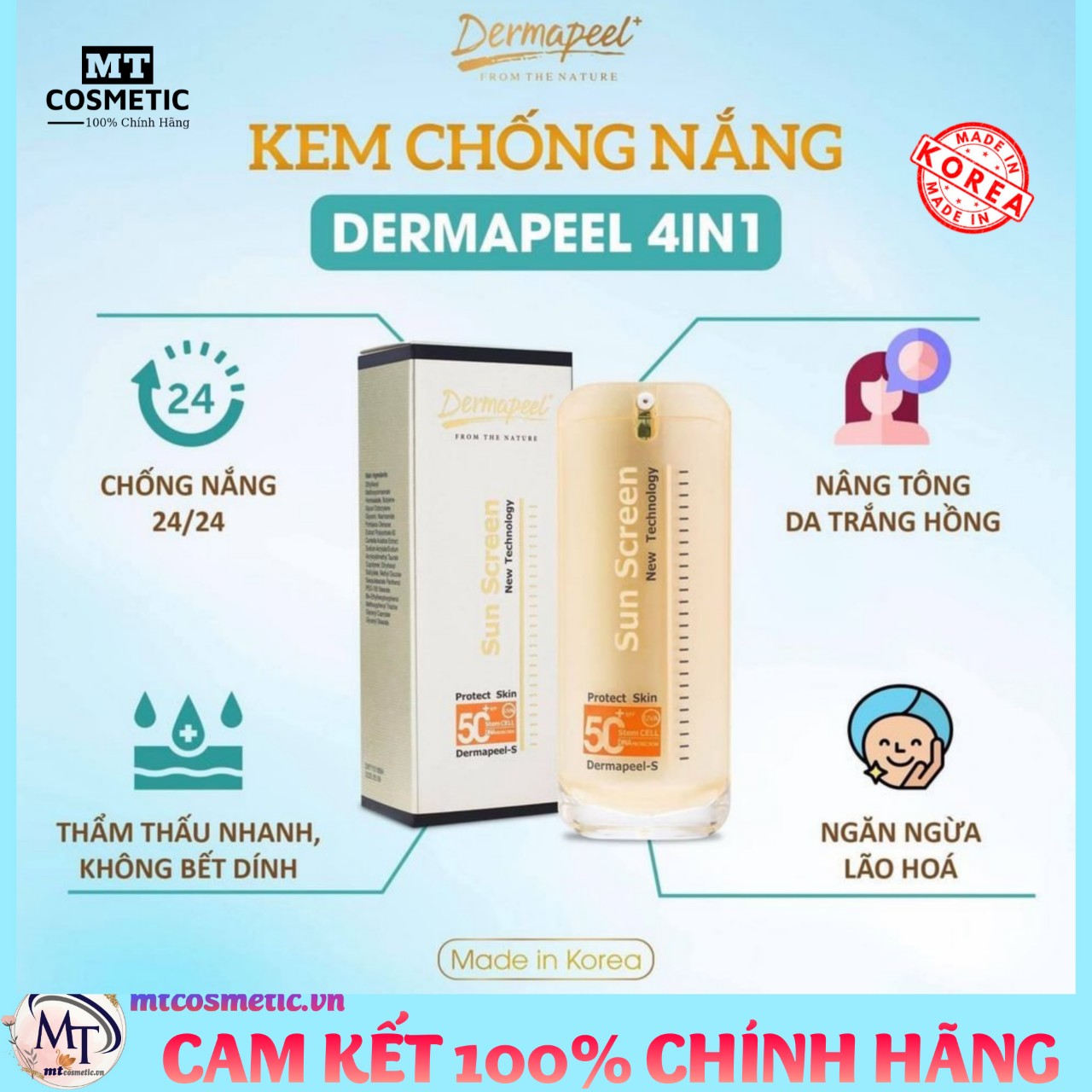 KEM CHỐNG NẮNG CAO CẤP DERMA PEEL+ SUN SCREEN SPF50+ Chống nắng Vật Lý - MAKUP Lớp Nền Hoàn Hảo - DƯỠNG DA HÀN QUỐC