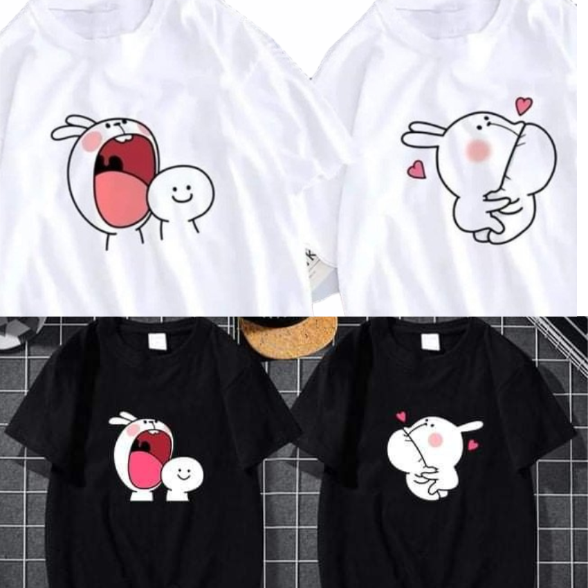 Áo Đôi Nam Nữ TT05, Áo Đôi Phông Rộng In Thỏ Gặm ý Nghĩa, Vải Cotton Thun Thoáng Mát