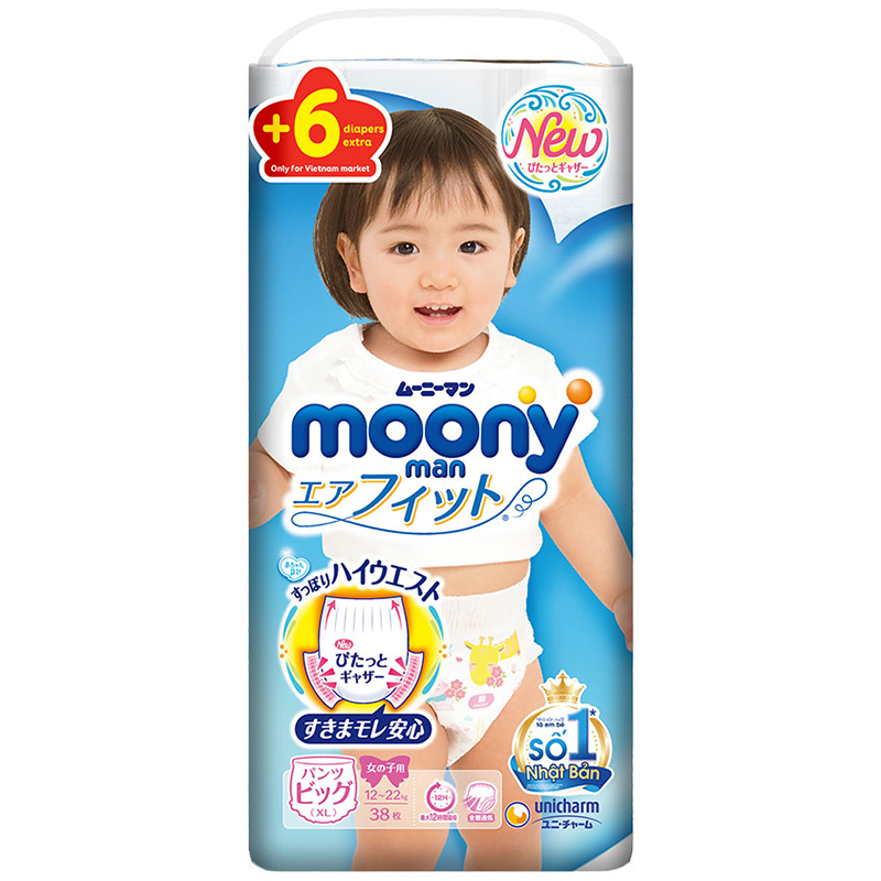 Tã Quần Cao Cấp Moony Nhật Bản Bé Gái XL38 (38 Miếng) - Tặng 6 miếng trong gói