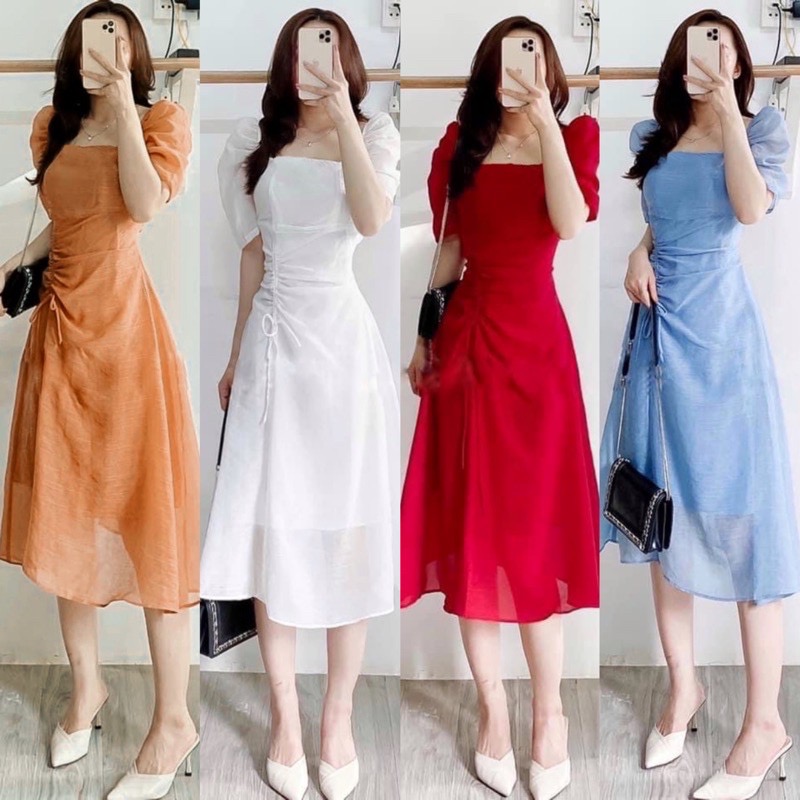 Váy cổ vuông rút thân tiểu thư - váy đầm nữ thời trang