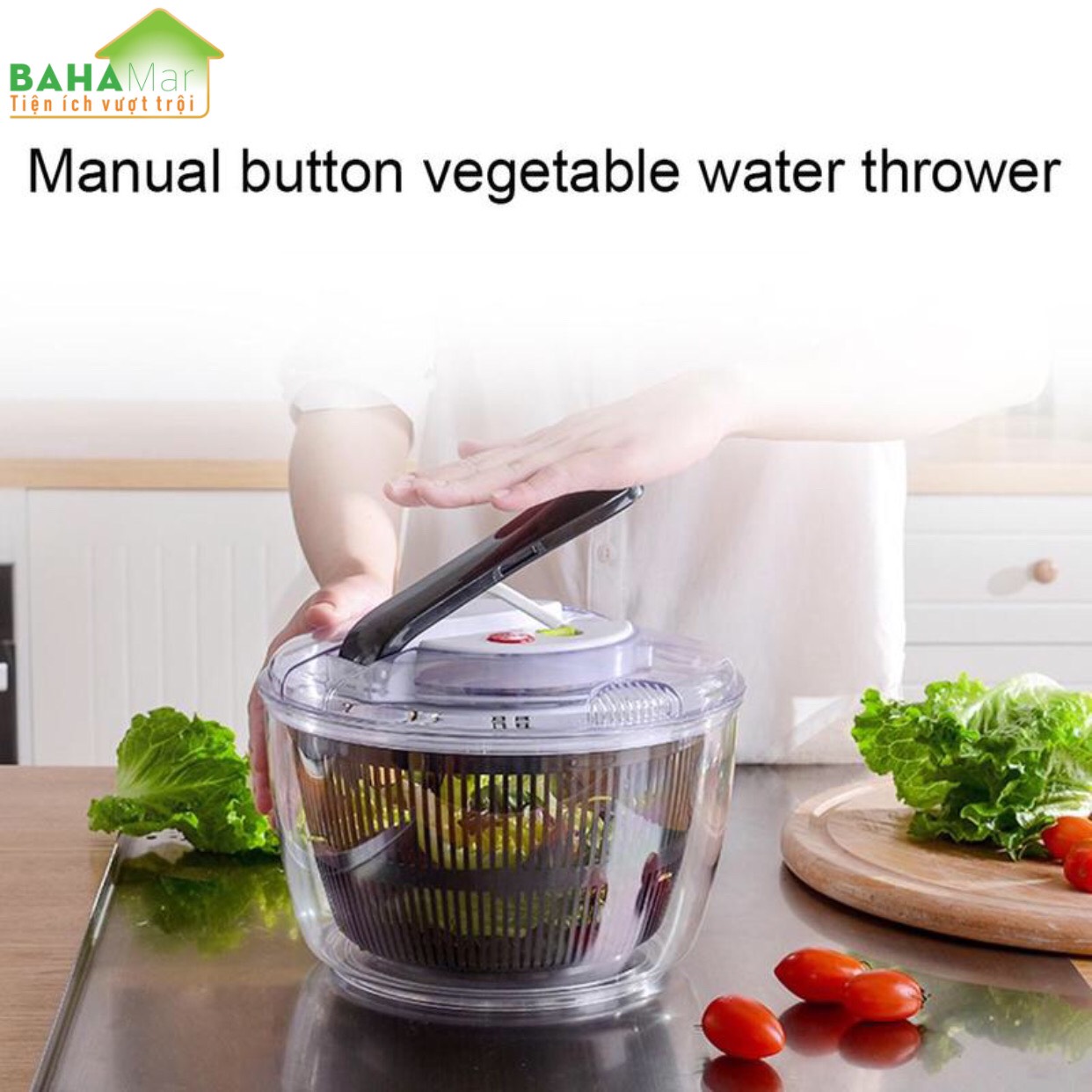 CHẬU ĐA NĂNG RỬA VÀ QUAY VẮT KHÔ RAU CỦ QUẢ THEO NGUYÊN LÝ ĐÒN BẨY có thể xoay nhiều món salad và rau tại cùng thời gian, tay nắm ấn đẩy có thể dễ dàng làm sạch và làm khô rau.