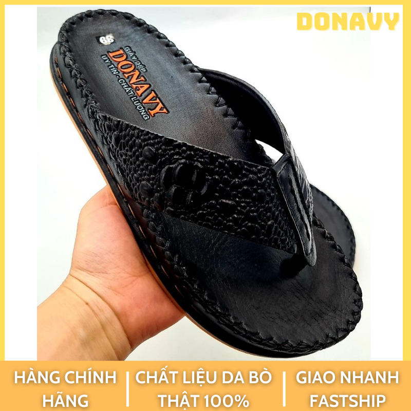 DÉP KẸP NAM DA BÒ THẬT 100% DONAVY CAO CẤP ,IN VÂN CÁ SẤU NỔI BẬT DOKB