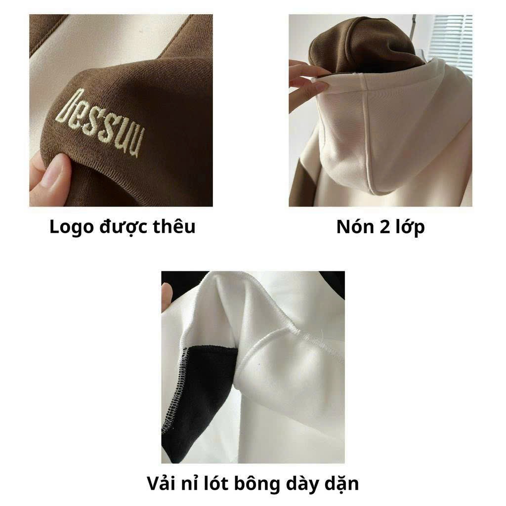 Áo Hoodie Nam Nữ Phối Thân Thêu Chữ DESU Nón Rộng 2 lớp dày dặn nón đóng nút mẫu mới 2024, áo hoodie cặp đôi