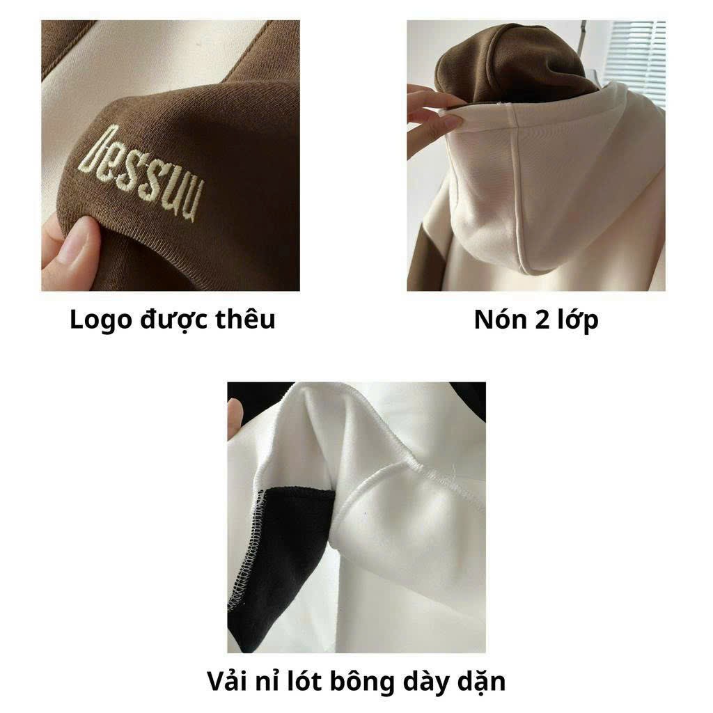 Áo khoác hoodie DESSUU nỉ bông dày dặn nút bấm 3 màu phối form rộng unisex nam nữ, Áo hoodie phối thân mới vè thêu chữ DESSUU trắng phối tay đen ulzzang nón rộng 2 lớp vải chính vải dày mịn chống nắng tốt nách rộng nón đóng nút như hình, áo hoodie cặp