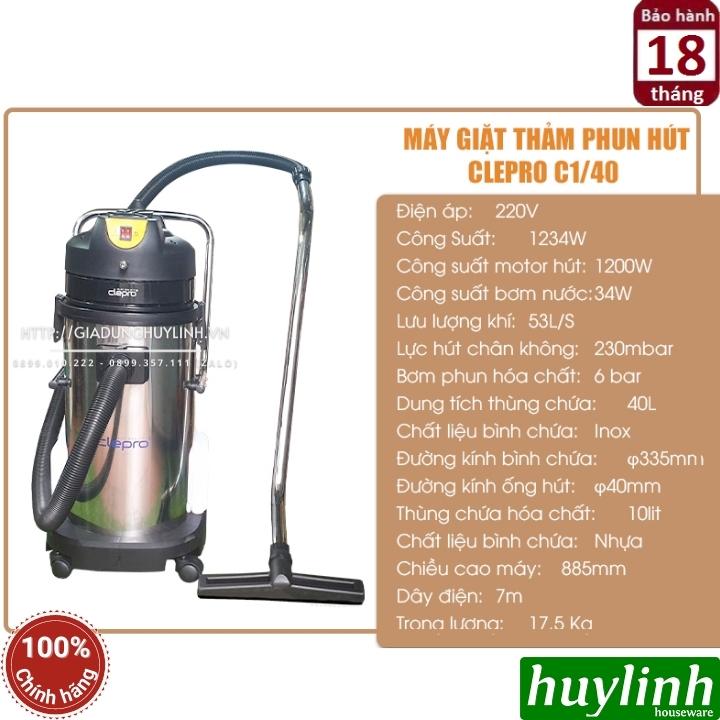 Máy giặt thảm phun hút Clepro C1/40 - Dung tích 40 lít - Max 1800W - Hàng chính hãng