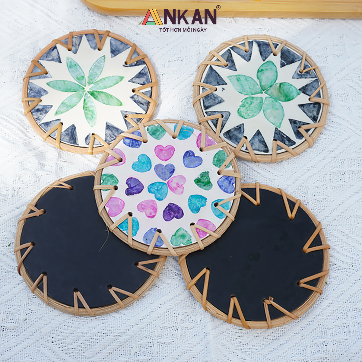 Đế Lót Ly Mây Khảm Trai Tròn ANKAN (10cm) - Lót Cốc Thủ Công Mỹ Nghệ Decor Bàn Ăn, Chụp Ảnh Sang Trọng - Hàng Xuất Khẩu