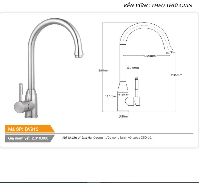 Vòi cố định cổ hình bầu dục xoay 360 độ nóng lạnh inox Tundo Boss BV915 380*50*235 mm